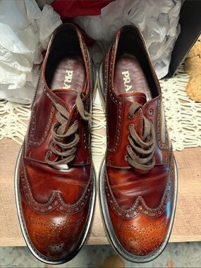 Prada Men’s Levitate Cognac Brown Leather Wingtip Oxfords